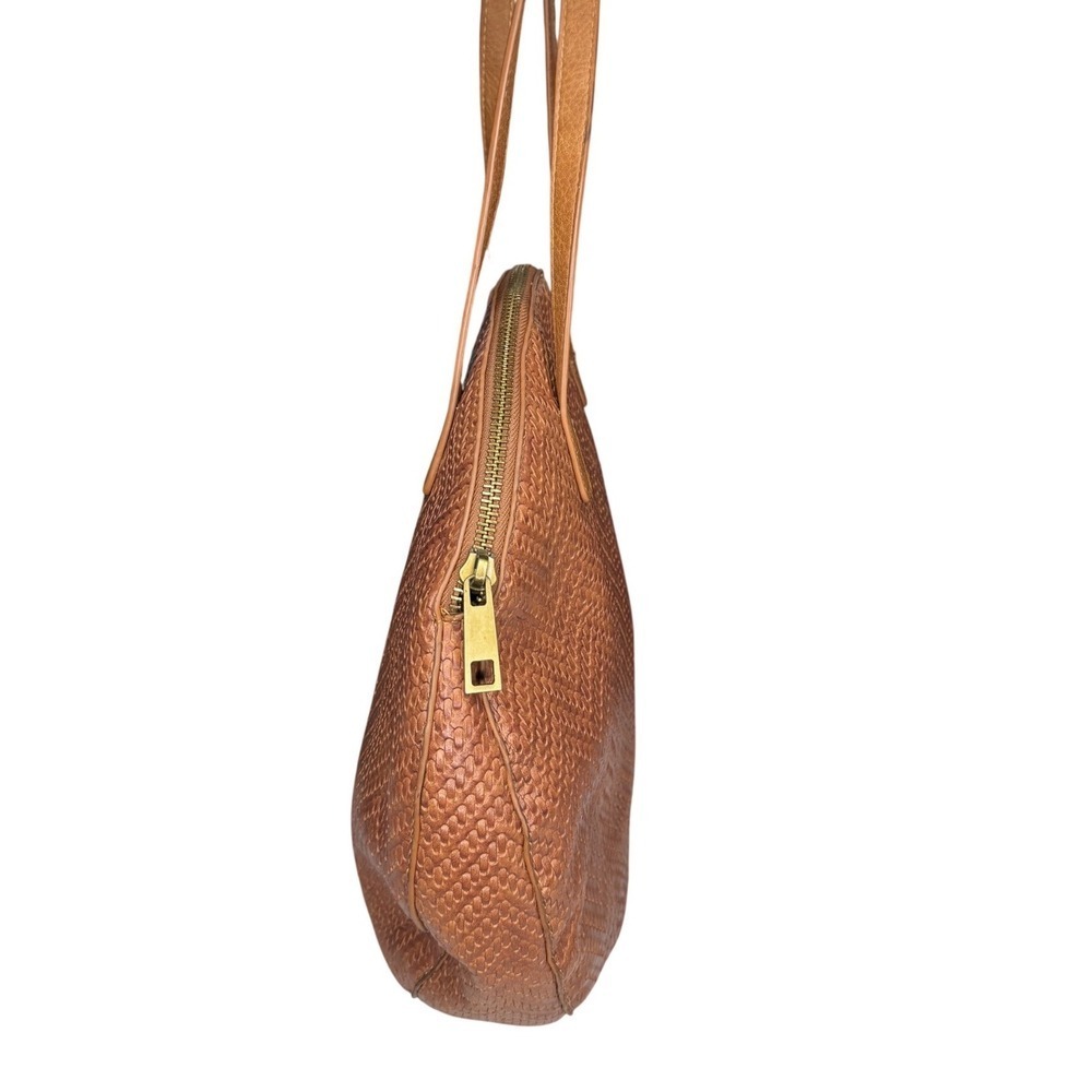 Anthropologie Cognac Brown Round Woven Faux Leather Embossed Circle Shoulder Bag - Picture 4 of 8